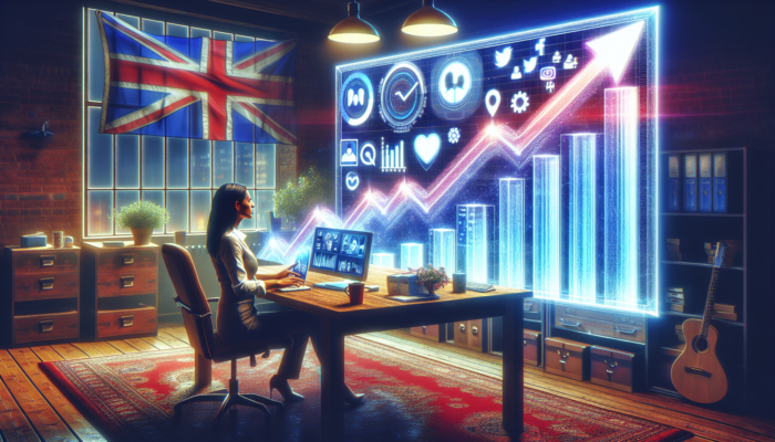 A small business owner in a busy Verwood office analysing increasing social media statistics, surrounded by UK flags and icons.