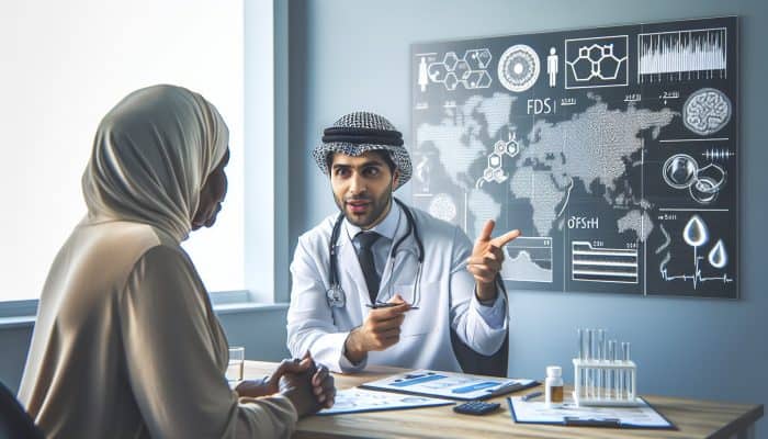 Doctor clarifying menopause blood test results to a woman in clinic, illustrating graphs of elevated FSH and diminished oestradiol levels.