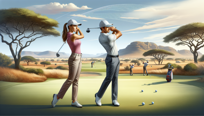 Golfer on South African course demonstrating draw, fade, straight, low, and high shots.