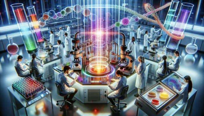 Scientists in a high-tech lab operate spectrometers, chromatographs, and microscopes for supplement purity testing.