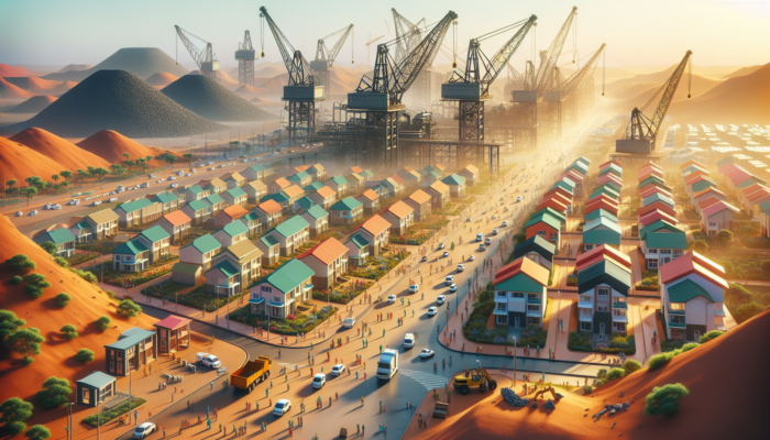 Bustling Postmasburg landscape featuring iron ore mines, modern housing development, active streets with pedestrians, and newly constructed roads.