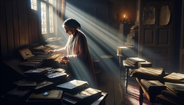 In a dimly lit old house room, a tearful person sorts dusty photo albums and heirlooms as sunlight streams through a window.