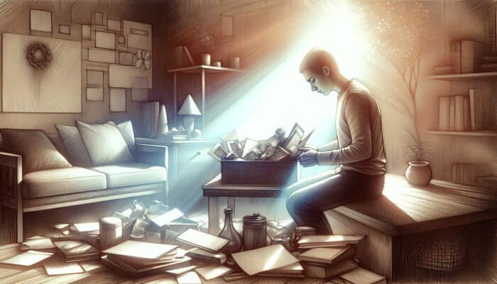 A serene person sorts family heirlooms in a sunlit, cluttered living room, showing calm and clear decision-making during house clearance preparation.
