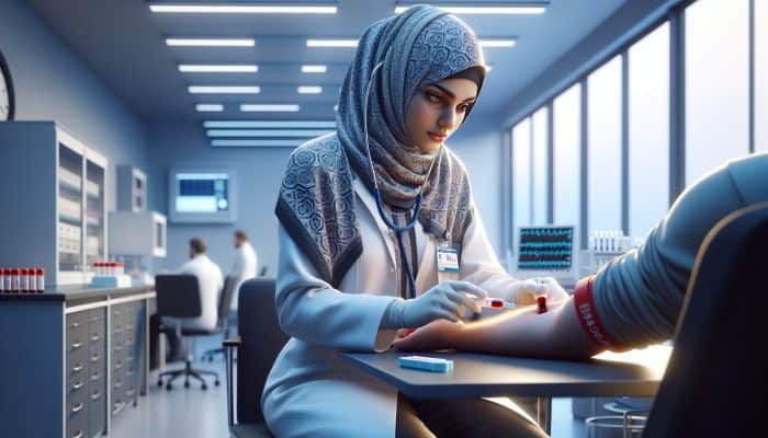 A focused lab technician in a modern Thetford clinic draws blood for an FBC test, surrounded by medical equipment and soft lighting.