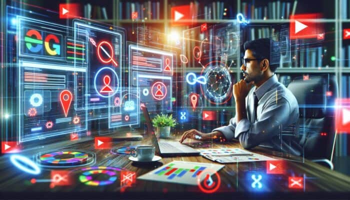 An SEO expert in a modern office analysing data dashboards across multiple screens, highlighting issues with red flags and icons amid charts.