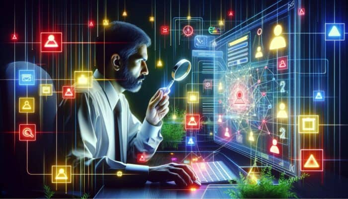 An illustration of an SEO expert in a modern office observing a colour-coded screen: red for high-priority issues like broken links, yellow for medium, and green for low, accompanied by graphs.