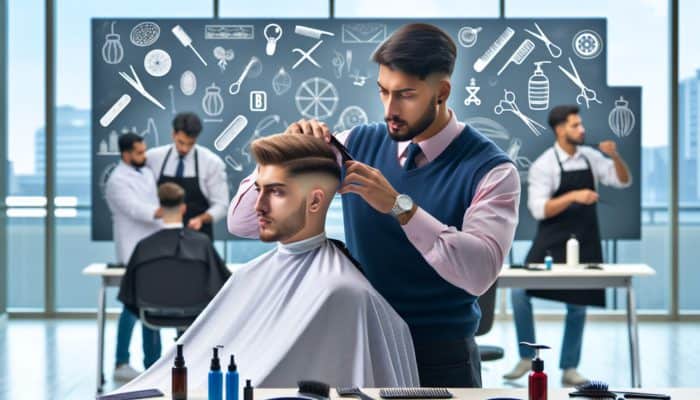 In a barber school, a focused trainee performs a buzz cut on a model with diverse hair textures, guided by an instructor and tools.