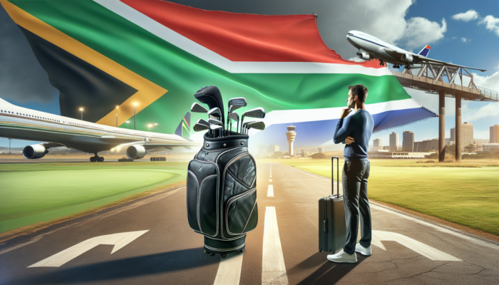 Golfer in South Africa selecting between durable and lightweight golf travel bags at an airport and golf course.