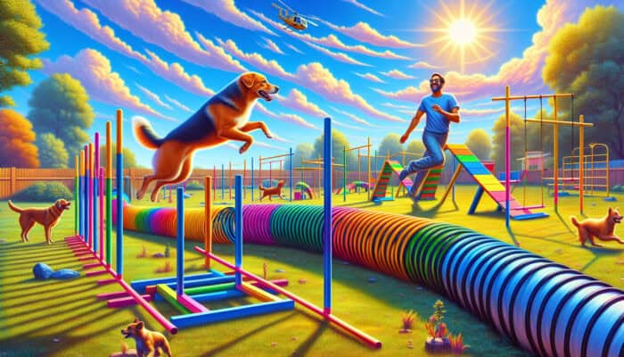 Agility Courses for Backyard Dogs: A playful dog navigates a vibrant backyard agility course, jumping hurdles, weaving poles, crawling a tunnel, climbing an A-frame, and balancing on a seesaw, with owner watching under a sunny sky.