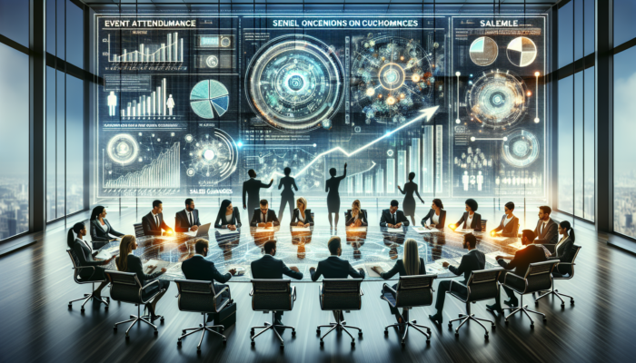 Business professionals analysing holographic charts of event attendance, sales spikes, and customer feedback in a modern boardroom.