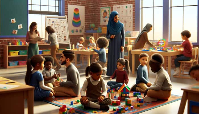 Young children in a dynamic classroom building blocks and puzzles, guided by a supportive teacher, demonstrating early training benefits.