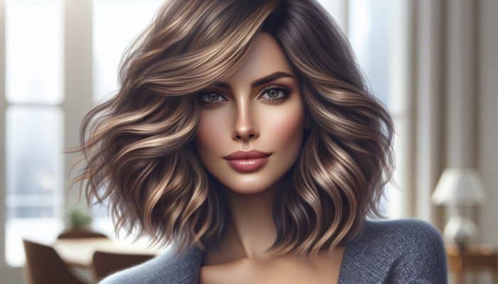 Confident woman showcasing a chic layered lob haircut, with soft cascading layers adding volume to her wavy hair, elegantly framing her face in natural sunlight.