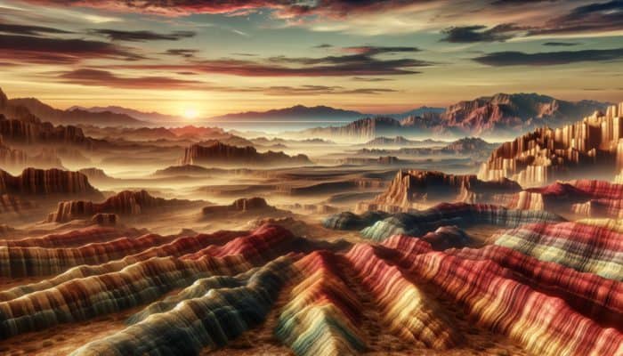 Vibrant desert landscape showcasing layered rock formations in vivid reds and golds, textured canyons, and distant misty mountains under a dramatic sunset.