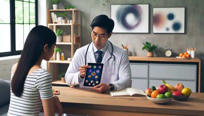 Dietitian consulting patient on personalized meal plan via tablet in UK clinic with fresh fruits, vegetables, and NHS posters.