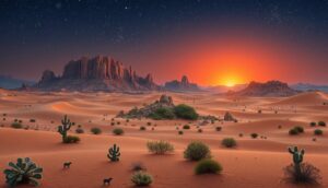 A vivid desert landscape at sunset, with red-orange sand dunes, scattered cacti, and two small animals. Rocky mesas rise in the distance under a starry sky—a perfect setting for Scenic Adventures in California Desert Parks as the sun casts a warm glow.