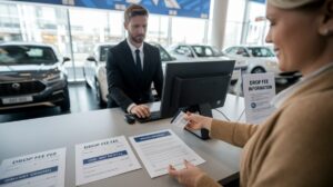 A woman hands a card to a man behind the car rental counter. Rental forms, drop fee details, and costs are spread on the desk. Cars can be seen in the background, along with a sign labeled “DROP FEE INFORMATION” next to the forms.