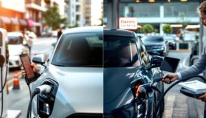 A split image features two electric cars charging on a city street. On the right, an individual connects a blue car beneath an "Electric Car Rental" sign—ideal for those exploring their rental options.