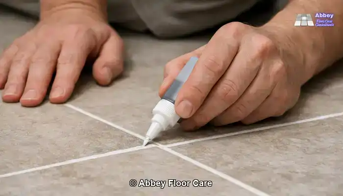 Close view of a specialist applying colourant to grout lines after cleaning.