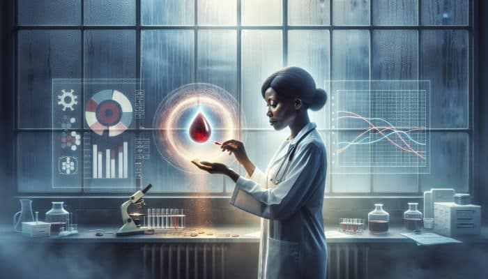 What Is Vitamin D Listed As On A Blood Test: Focused NHS scientist in white coat analyzes 25(OH)D blood levels on screen, surrounded by declining sunlight charts in rainy UK winter.