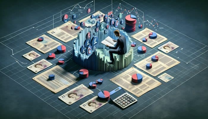 Focused individual in a modern UK office reviews financial documents, surrounded by debt graphs, calculators, and British pound notes.