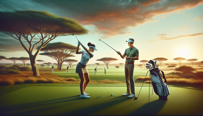 A professional golf coach guides a focused player on Malelane's lush fairway, demonstrating swings amid acacia trees and sunset wildlife.