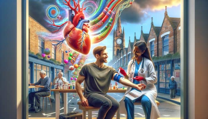Doctor in a modern Beeston clinic performs diabetes blood test on smiling patient, with symbols of glowing heart, intact nerves, and path to vibrant health.