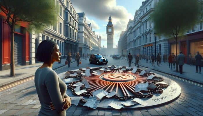 Debt Consolidation for a Better Work-Life Balance | DCL Busy London street with Big Ben; relieved person watching debt bills and chains merge into a glowing loan document.