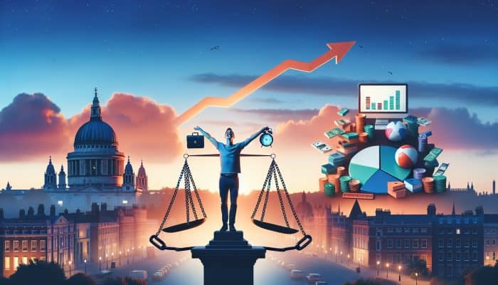 Debt Consolidation for a Better Work-Life Balance | DCL A serene UK cityscape at dusk shows a relieved person breaking debt chains, holding a work-leisure scale, with a computer displaying rising credit scores.