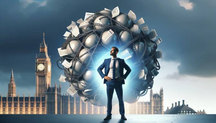 How Debt Consolidation Stacks Up to Refinancing | DCL A relieved UK resident in London stands triumphantly as tangled debt chains merge into a glowing orb, symbolising simplified finances against Big Ben.
