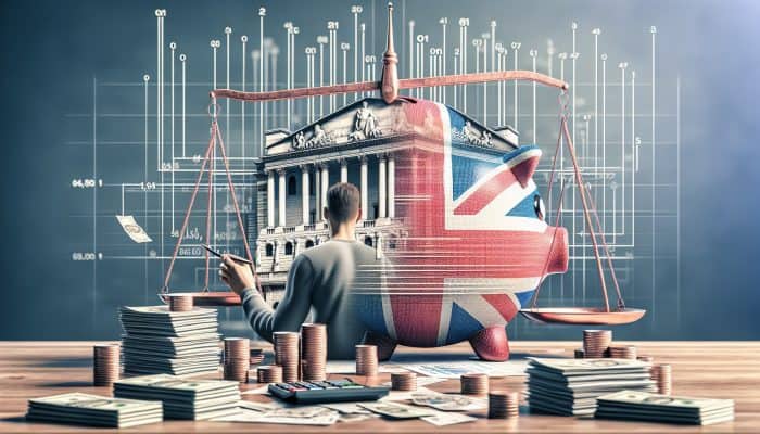 How Debt Consolidation Stacks Up to Refinancing | DCL UK resident at desk reviews debt consolidation charts, with Bank of England in background, amid stacks of bills symbolising financial stability.
