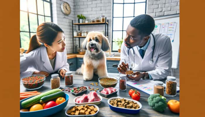Curious dog and cat examine pet foods surrounded by nutritional charts, vegetables, meat, a vet, and owner in a sunlit kitchen.