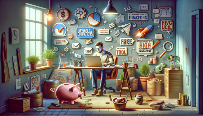 Entrepreneur in Swindon office crafting email campaigns on laptop, surrounded by piggy banks, tool icons, and engagement graphs.