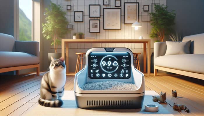 Modern self-cleaning cat litter box with digital timer, odour filters, and app, in bright home with curious cat.
