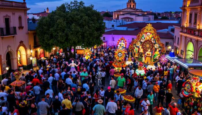 A lively Plaza in San Miguel de Allende during the Festival de las Calaveras, showcasing colorful parades, traditional dancers in elaborate costumes, and intricately decorated altars, all illuminated by festive lights.