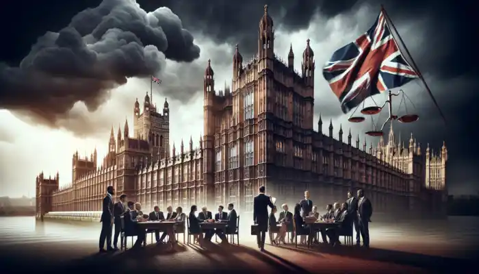 Illustration of Houses of Parliament under dramatic sky, featuring fluttering Union Jack, open law book, scales of justice, and debating professionals.