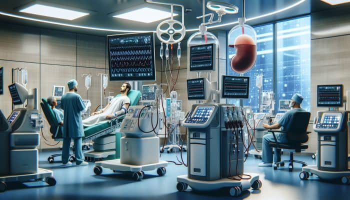 A modern NHS hospital with advanced kidney dialysis machines, a surgeon performing a transplant, and smiling patients recovering under bright lights.