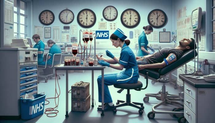 A nurse in a busy Wisbech clinic performs a blood grouping test on a patient, surrounded by clocks, charts, and NHS symbols, emphasizing timely care.