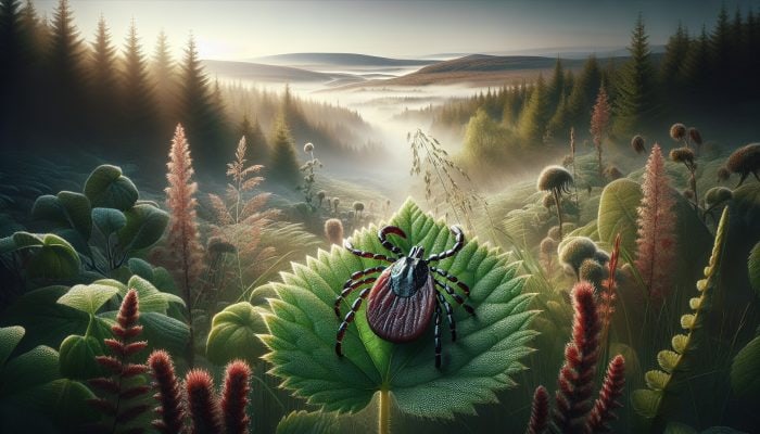 Close-up of Ixodes ricinus tick on a dewy leaf in lush UK woodland, surrounded by tall grasses and misty moors.