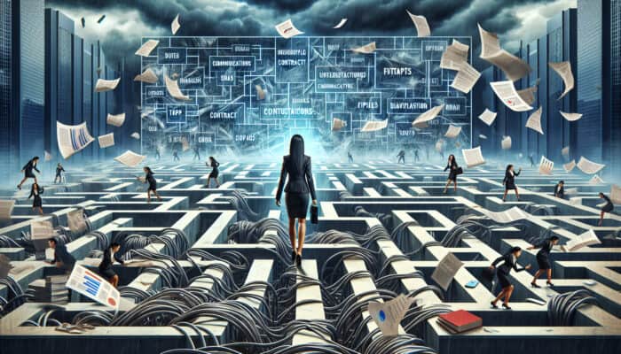 A determined executive navigates a maze of contract pitfalls, with tangled wires and scattered data piles under a stormy skyline.