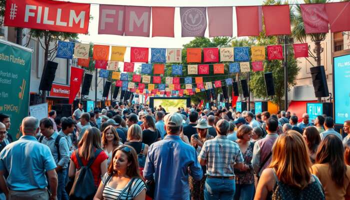 A lively film festival scene featuring filmmakers and actors interacting under colourful banners, with enthusiastic audiences enjoying outdoor screenings and engaging in discussions about creativity and artistic expression.