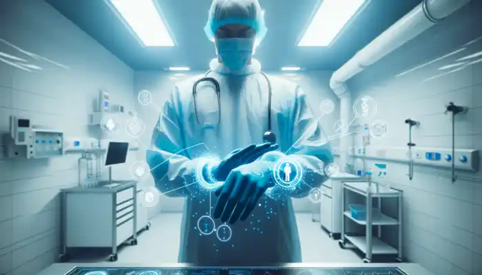 A healthcare worker in a sterile lab wearing blue disposable oversleeves, handling tools to prevent contamination under bright lights.