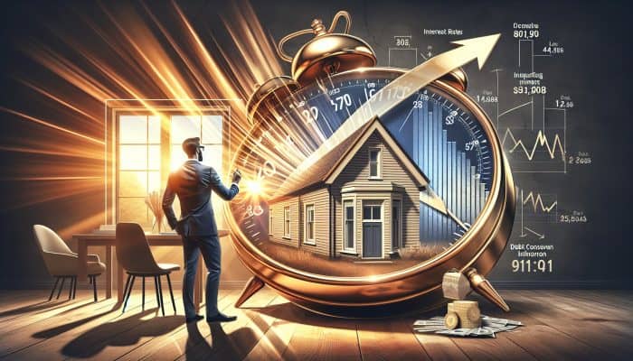 Confident UK homeowner in modern living room examines clock and financial charts showing declining interest rates and a stable home.