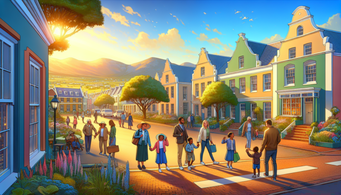 A vibrant street in historic Graaff-Reinet with Cape Dutch houses, lush gardens, families walking to school under a sunny sky.