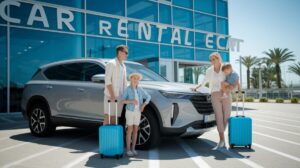A family of four enjoys their Family Vacation, standing by a silver SUV with blue suitcases outside a modern car rental center. The adults smile; one child holds a suitcase while the other is carried, with palm trees swaying in the background.
