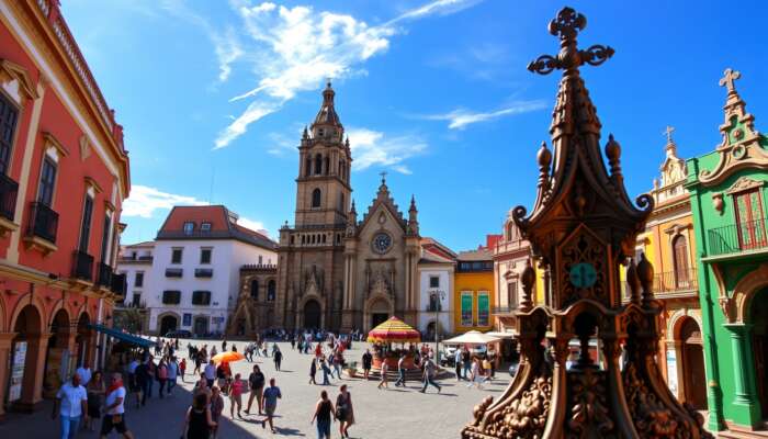 A view of Parroquia de San Miguel Arcángel with its neo-Gothic facade, surrounded by colorful colonial buildings and a glimpse of Iglesia de la Inmaculada Concepción, showcasing baroque and churrigueresque details.