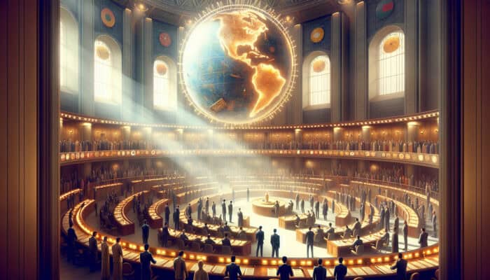 Diplomats from diverse nations sign illuminated treaties in a grand hall under a glowing globe, with scales of justice and citizens discussing international laws.