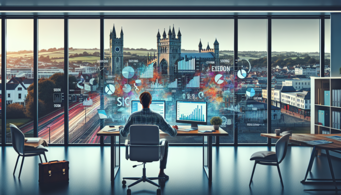 A digital marketer in a modern Exeter office reviews colorful SEO graphs on a screen, with historic city landmarks visible through the window.