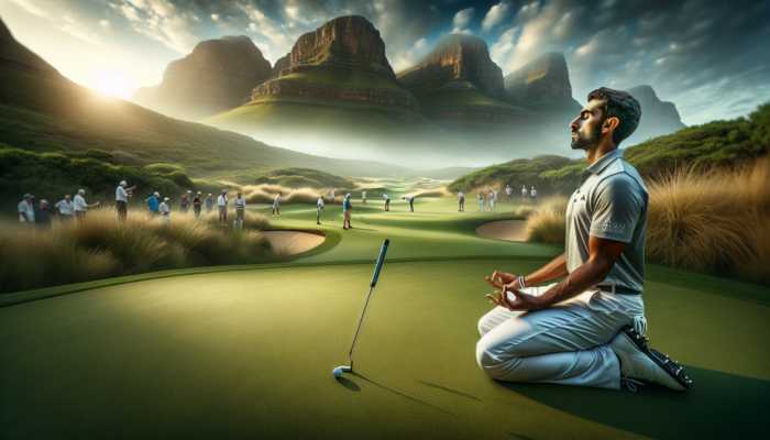 A golfer meditates on a lush South African course, visualising a perfect putt with eyes closed, exuding calm confidence.