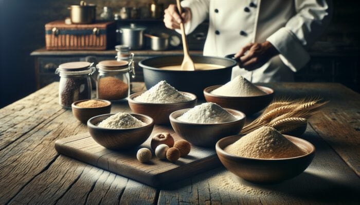 A rustic kitchen scene with bowls of strong flour, all-purpose flour, whole wheat flour, and rice flour on a wooden table, as a chef stirs golden roux in a pot.
