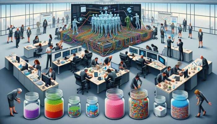 Frustrated employees resist holographic Human VAS in a modern office with tangled wires, overflowing budget charts, and training sessions.